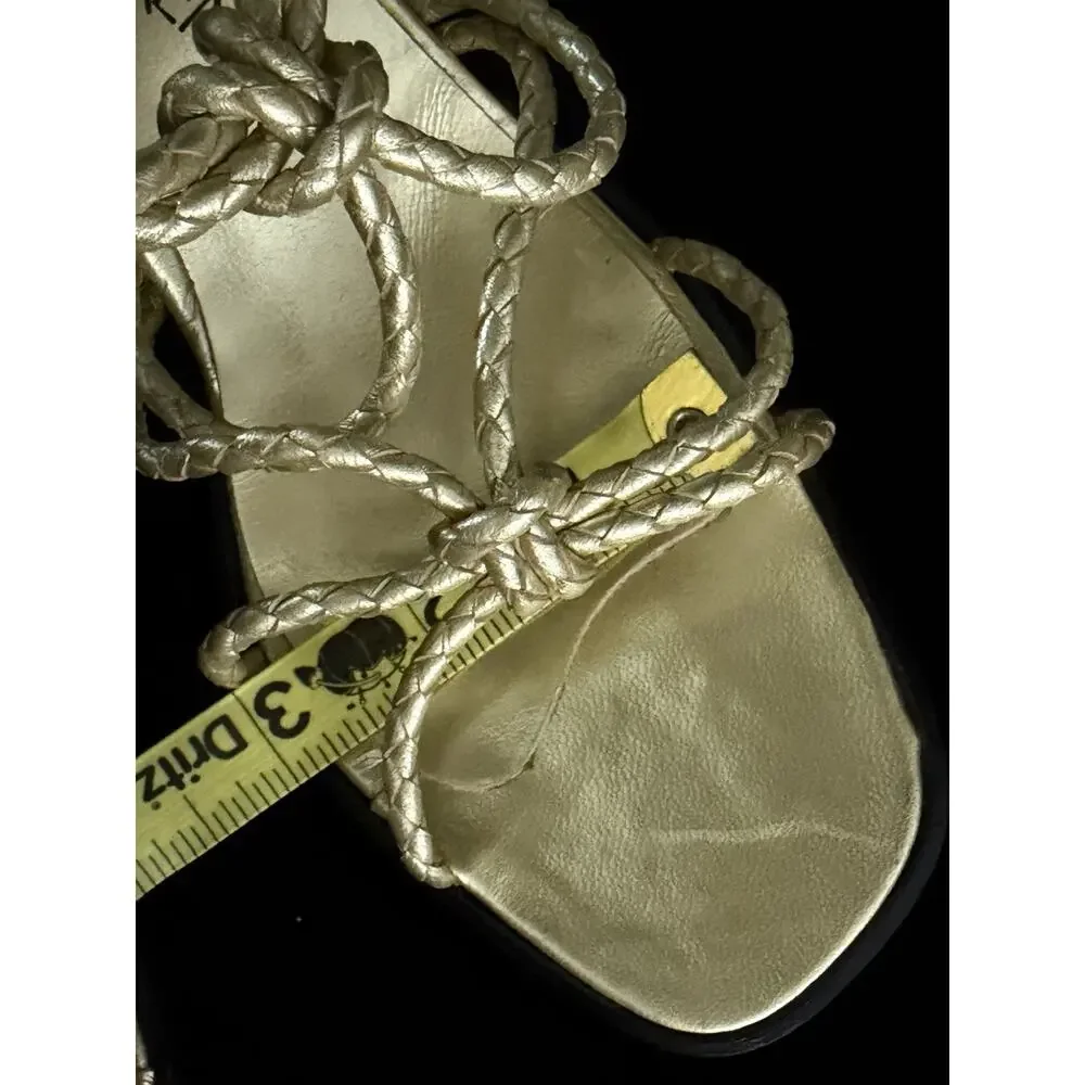 Yves Saint Laurent Braided Leather Gold Chunky Heel Open Toe Sandal 7.5 - Picture 9 of 11